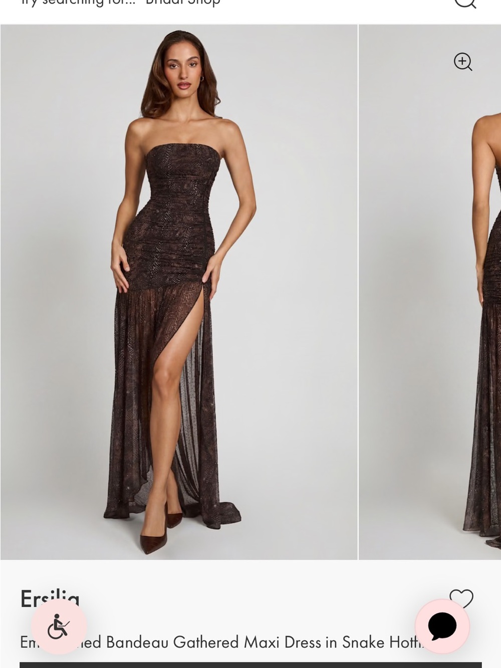 Strapless Brown Metallic Bandeau Maxi Dress with Thigh Slit